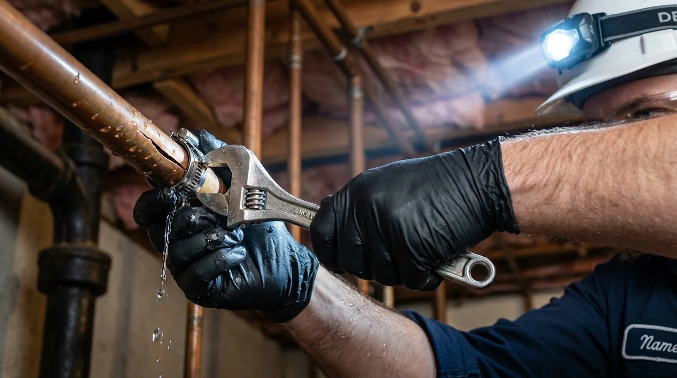 Emergency pipe clamp repair being performed by a Johns Plumbing LLC plumber in Holyoke