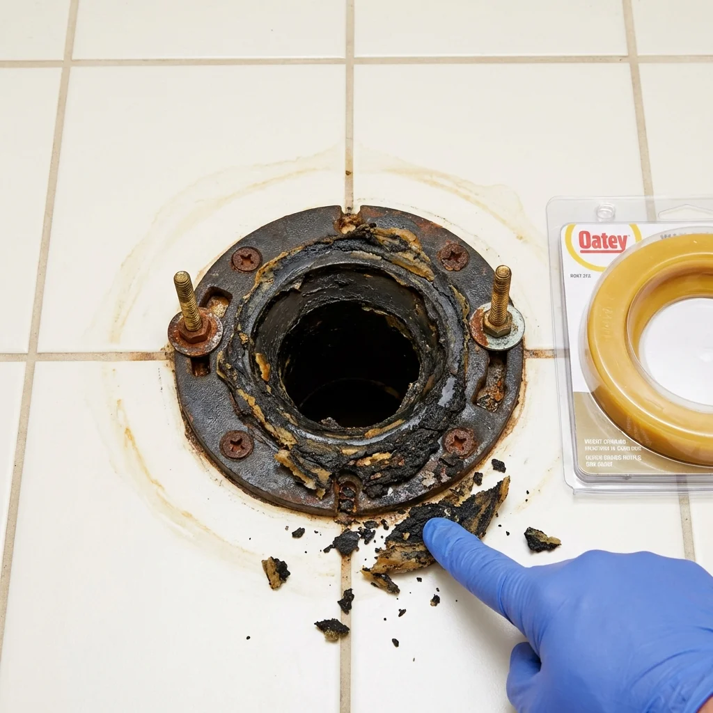 Failed wax ring showing water seepage at the base of a toilet in a Holyoke, MA home